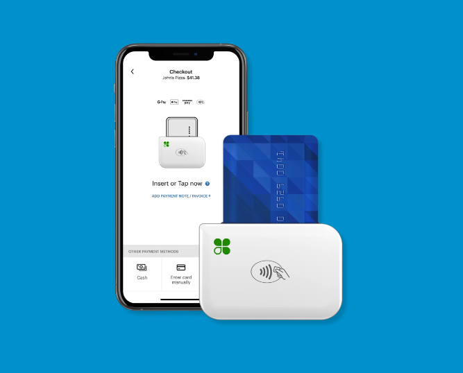 Clover Go card reader paired with a smartphone for contactless payment