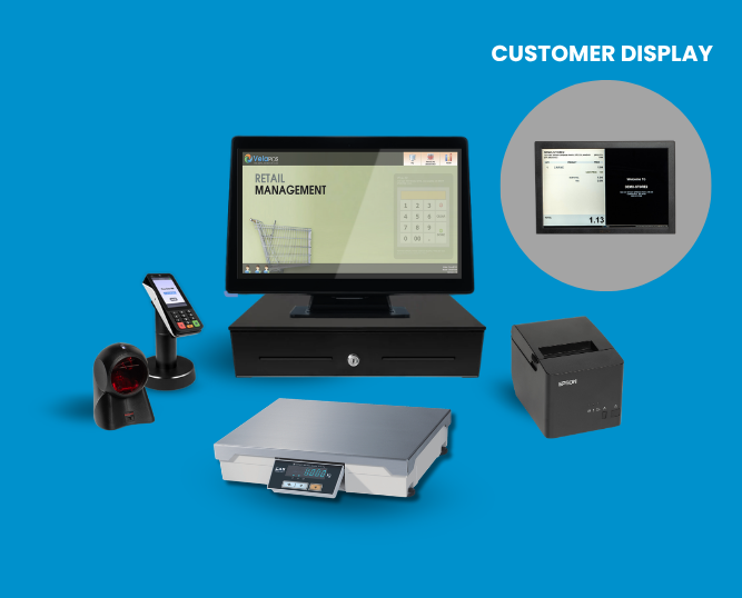 VelaPOS Basic Bundle with monitor, customer display, scale, and receipt printer
